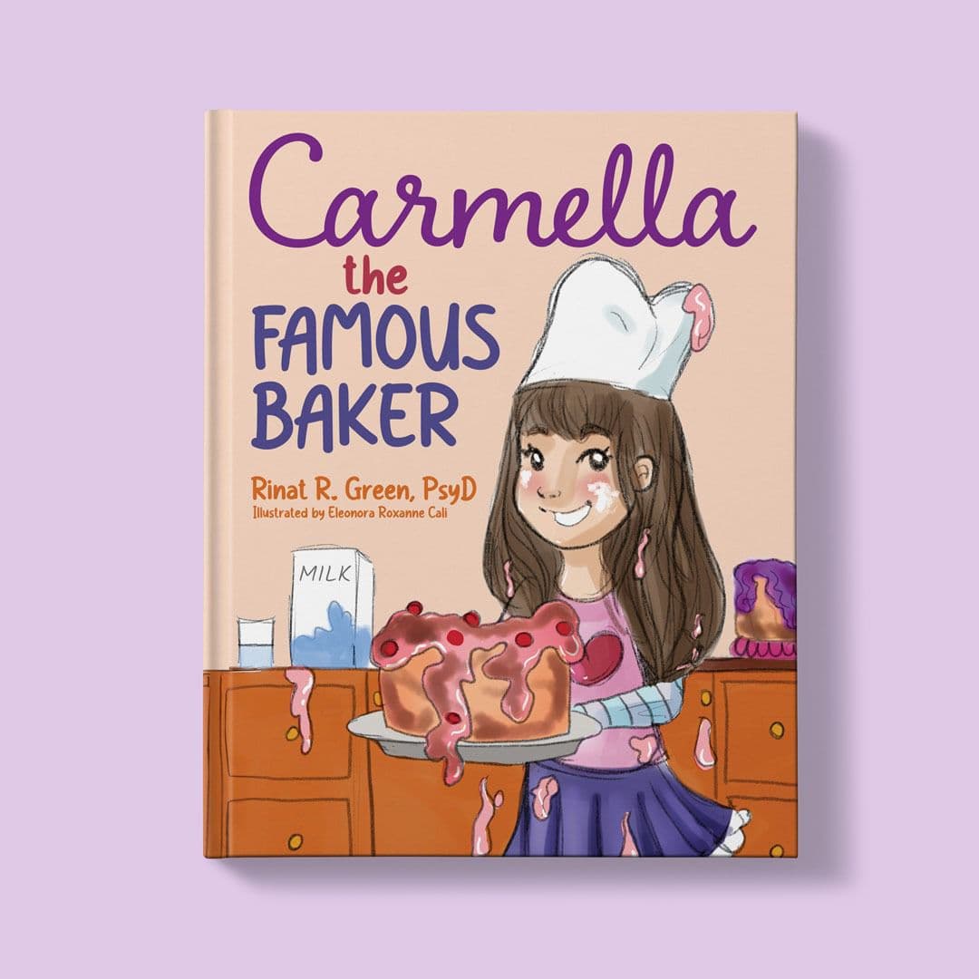 Cover of the picture book Carmella the Famous Baker, showing a girl in a baker's hat holding a tray of glazed cake